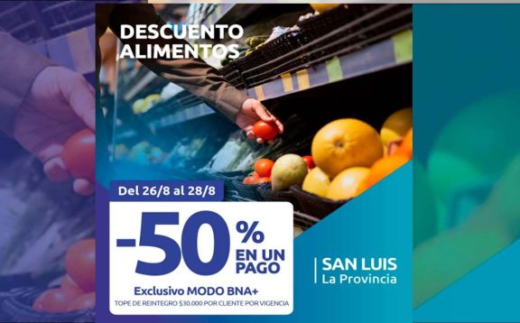 Clientes del Banco Nación podrán comprar alimentos con 50% de descuento hasta el miércoles