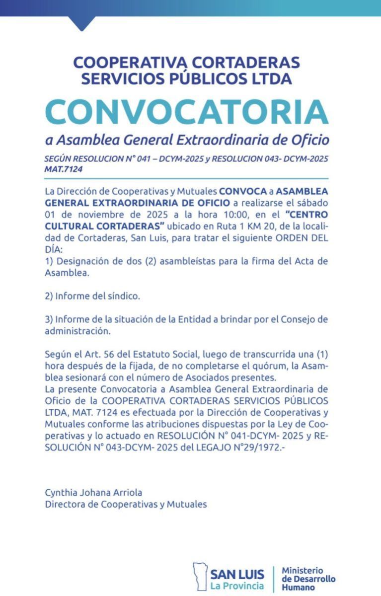 Cooperativa de Cortaderas: convocan a asamblea extraordinaria de oficio