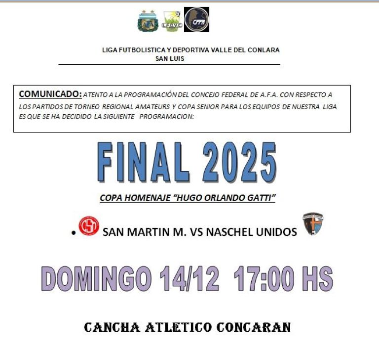 La gran final cambió de día: San Martín de Merlo y Naschel Unidos jugarán el domingo en Concarán