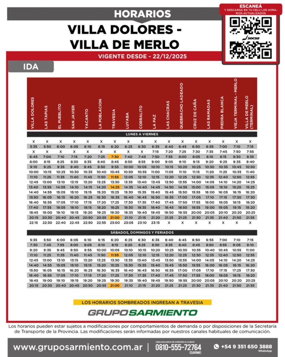 La empresa Sarmiento difundió los horarios del servicio a Villa de Merlo