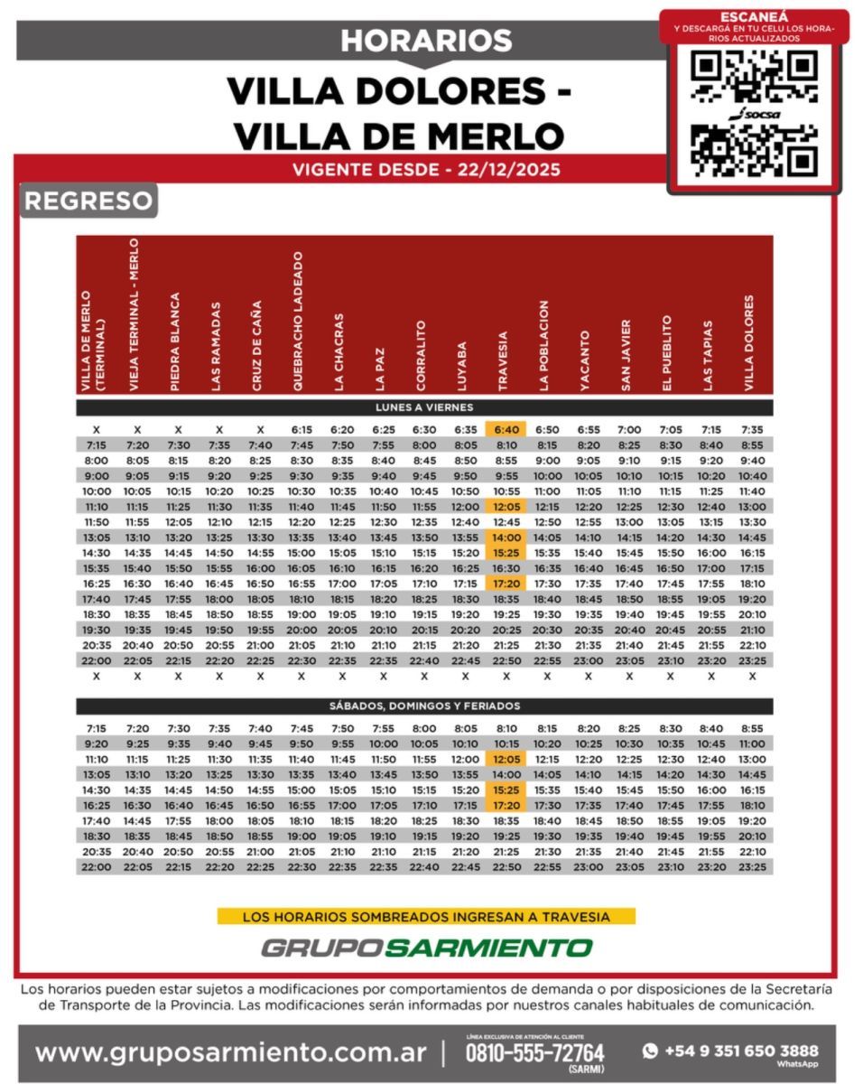 La empresa Sarmiento difundió los horarios del servicio a Villa de Merlo