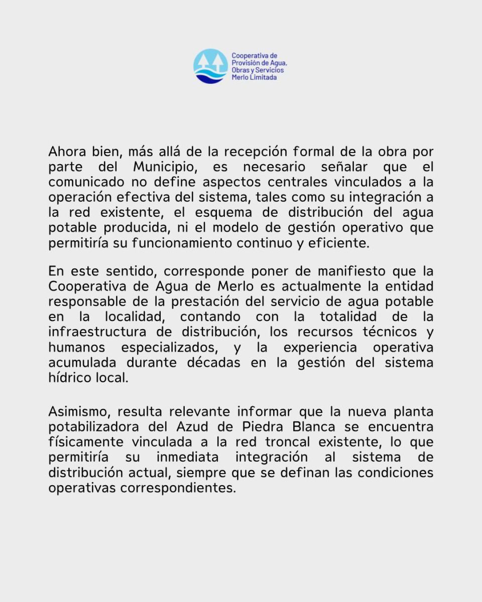 La Cooperativa de Agua reclama definiciones “urgentes” tras el anuncio del Municipio sobre el manejo del Azud de Piedra Blanca