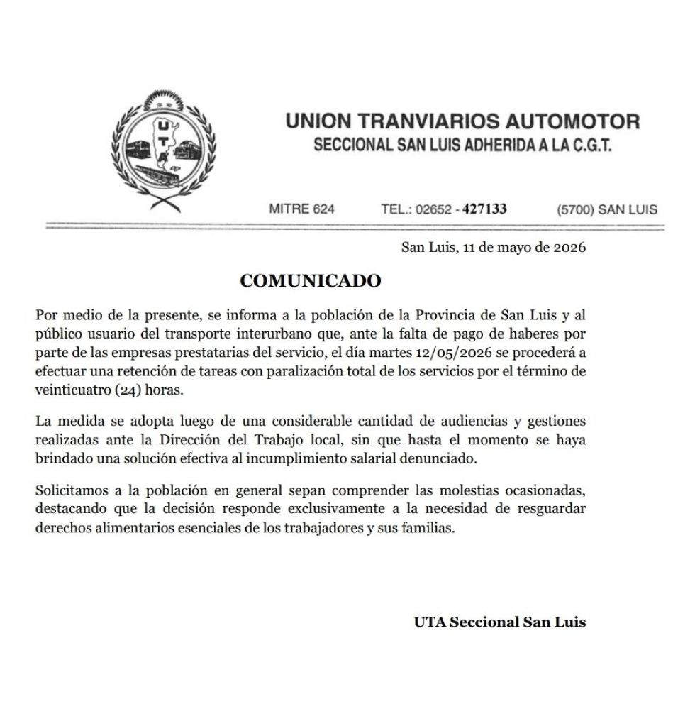 Este martes no habrá transporte interurbano en San Luis por un paro de 24 horas