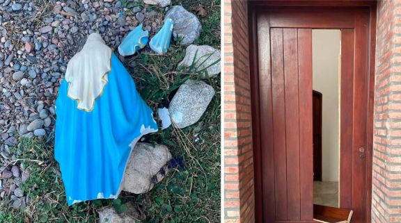 Vandalismo en el Templo Mayor de Villa de Merlo: rompieron vidrios, dañaron puertas y destruyeron una imagen de la Virgen